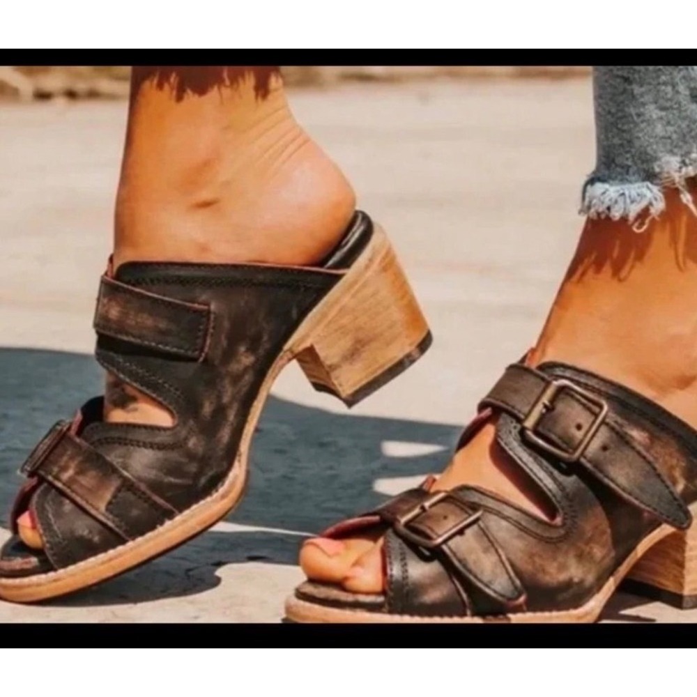 Freebird Caprice Women 11 Brown Distressed Leather Double Buckle Mules Sandals